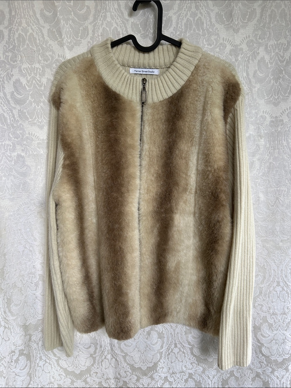 Mercer Street Studio Cream and Brown Faux Fur Zip-Up Sweater